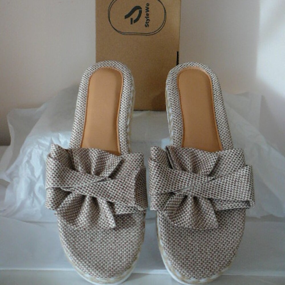 StyleWe Women's Apricot Tan Slip On Low Wedge Platform Sandals-US 8.5,EUR 39-NIB
